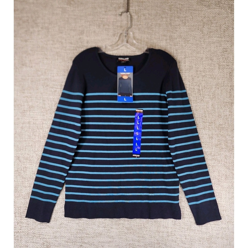Kirkland Signature Ladies' Crewneck Sweater Womens Large Navy Blue Stripes NEW
